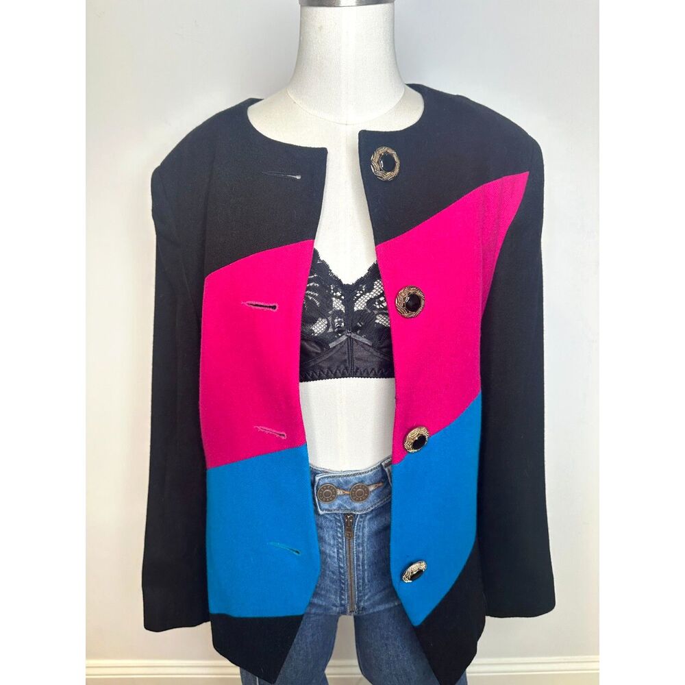 Oleg Cassini Vintage Colorblock Wool Blazer Pink Blue Black Statement Buttons